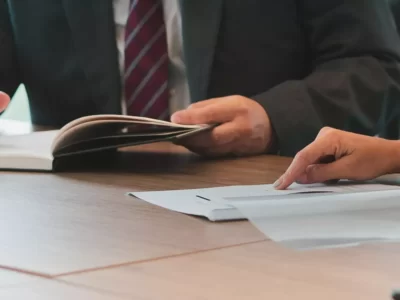 man flipping through a diary with a lady's hand pointing at a document.
